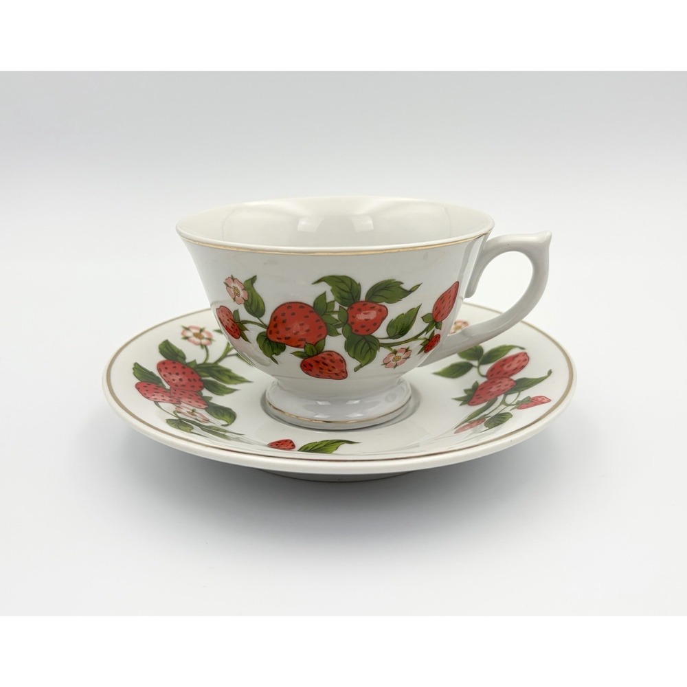 Vintage Teleflora Strawberry Vine Tea Cup and Saucer Set Gold Rim Cottagecore